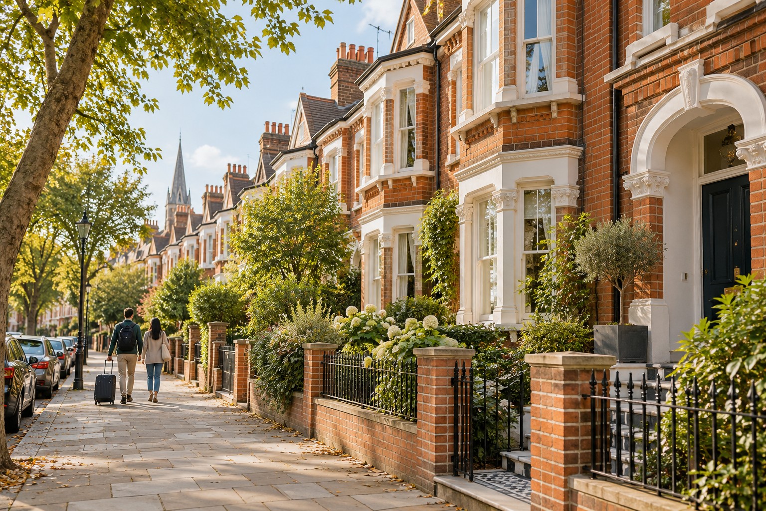 A welcoming residential street with brick homes and leafy trees